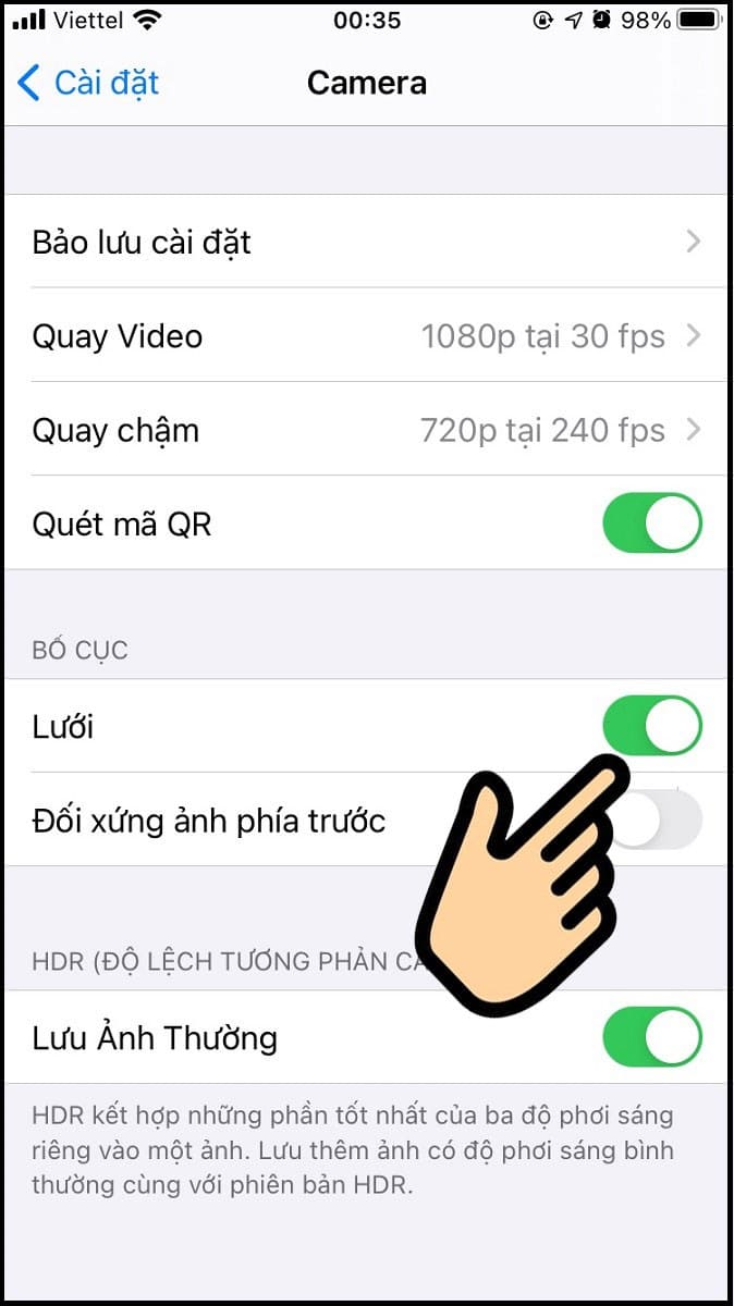 Ảnh: cài đặt chế độ Lưới trên Samsung Android: Máy ảnh (Camera) &gt; Cài đặt &gt; Lưới 